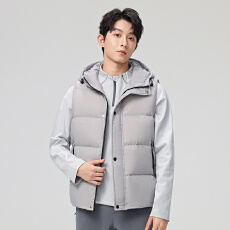 批发跨境鸭绒户外运动山系工装无袖立领羽绒服马甲男短款保暖连帽外套
