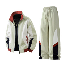 批发工装风冲锋衣运动套装女秋冬季拼接撞色工装夹克外套阔腿裤两件套