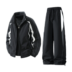 批发工装风冲锋衣运动套装女秋冬季拼接撞色工装夹克外套阔腿裤两件套