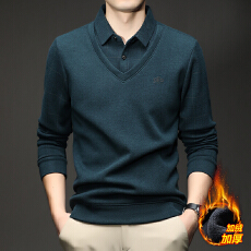 批发跨境2025秋冬加绒加厚鸡心男士休闲翻领时尚长袖卫衣假两件打底衫
