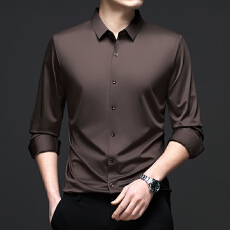 批发跨境春秋冬百搭男装无痕长袖<b class='q'>衬衫</b><b class='q'>商务</b>休闲翻领弹力纯色男士<b class='q'>衬衣</b>