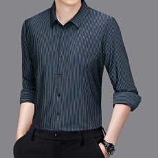 跨境春秋新款男士中老年爸爸装商务休闲长袖衬衫新款条纹衬衣上衣