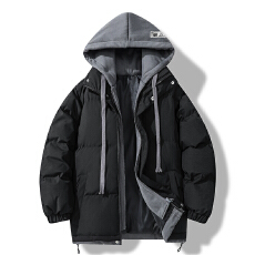 跨境男士冬季新款假两件棉服加厚情侣款宽松连帽拼色外套面包服