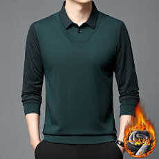 批发跨境冬季加绒加厚条纹假两件长袖<b class='q'>POLO</b><b class='q'>衫</b>商务T恤翻领打底V领一体绒