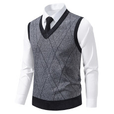 跨境套头毛衣背心男士内搭秋冬中老年保暖修身针织衫马甲外套男款