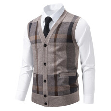 批发跨境开衫毛衣背心男士内搭秋冬中老年保暖修身针织衫马甲外套男款