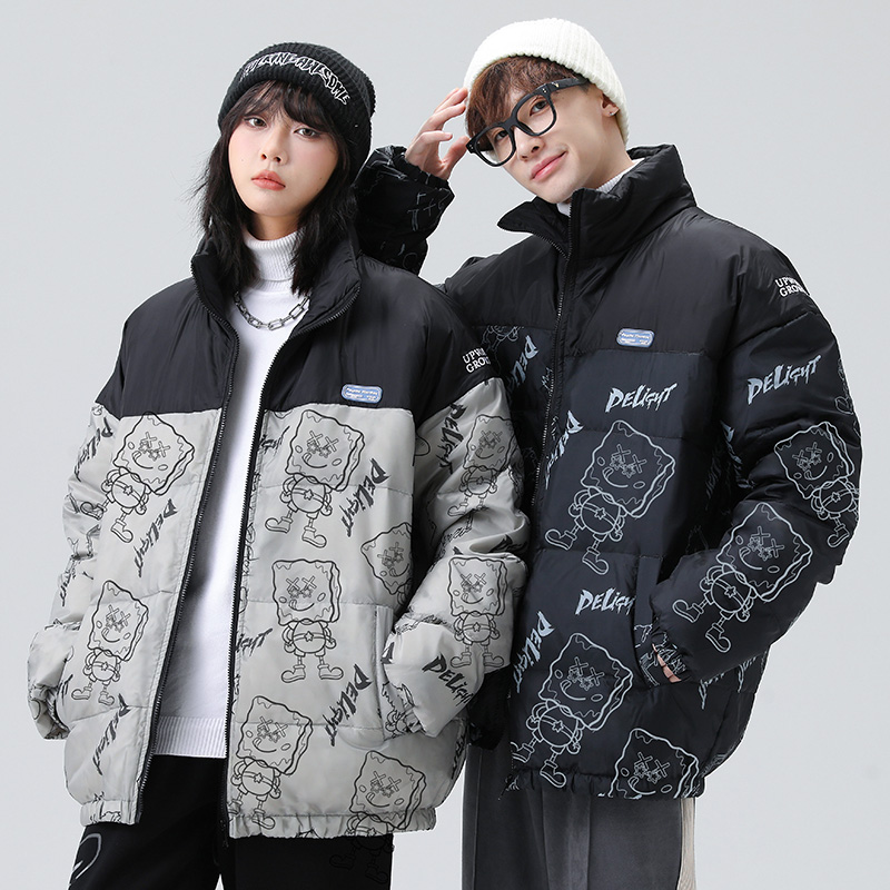 가을 겨울철 보온 방한 오리털 재킷 남녀 같은 단락 조수 브랜드 두꺼운 스탠드 칼라 커플 루즈핏 패딩 재킷 다운 재킷