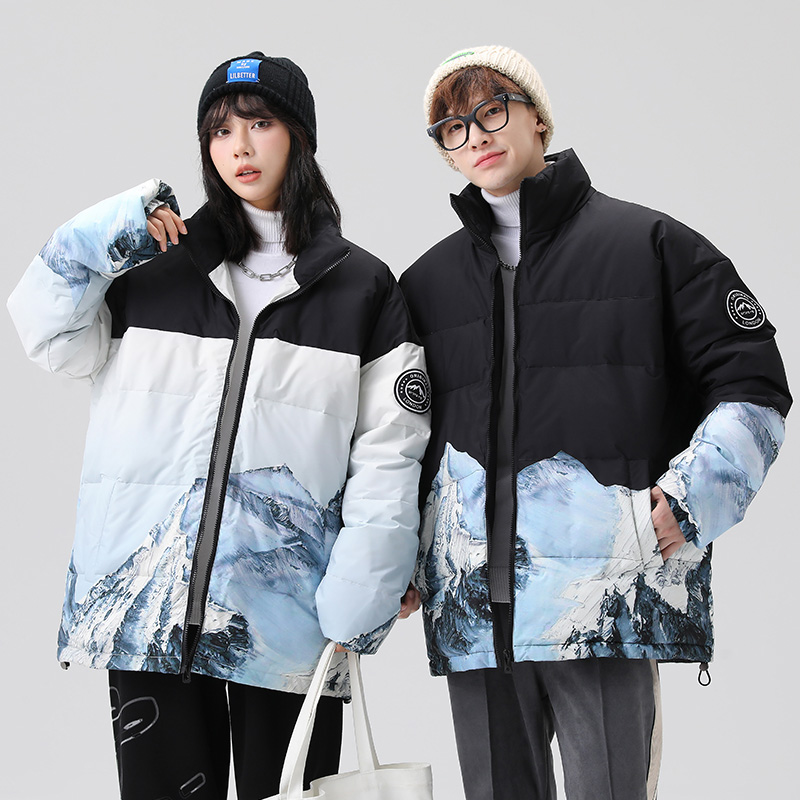 트렌드 커플 다운 재킷 겨울 스노우 마운틴 다운 재킷 남녀 같은 단락 조수 브랜드 프린트 스탠드 칼라 맨위 오리털 재킷