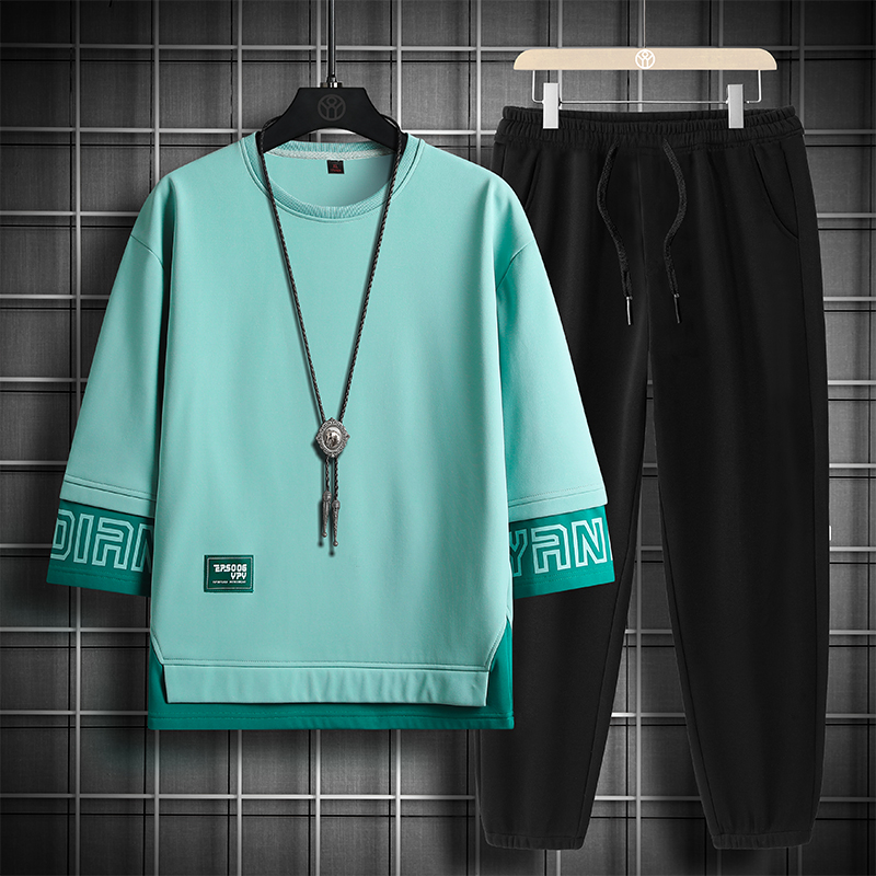 국경 간 남성 가을 여름 일본식 미니멀리즘 캐주얼 스포츠 슈트 조수 브랜드 루즈핏 다용도 작은 대중 디자인 센스 투피스 세트