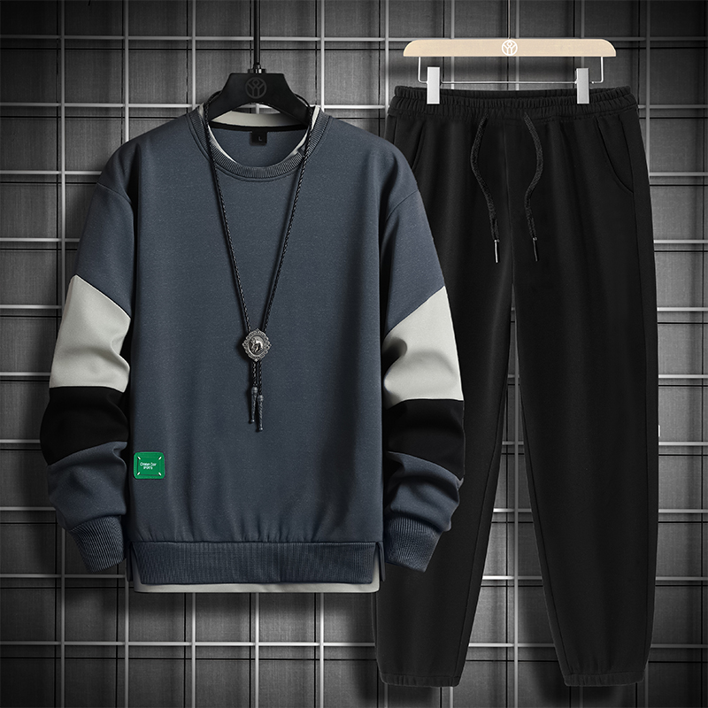 국경 간 봄 가을 겨울 일본식 미니멀리즘 캐주얼 세트 남성 조수 브랜드 루즈핏 다용도 운동 라운드 넥 긴팔 투피스 세트