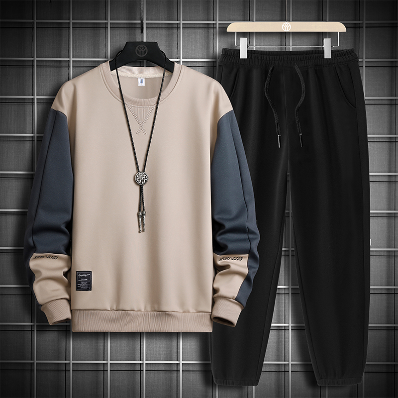 국경 간 봄 가을 겨울 일본식 미니멀리즘 캐주얼 세트 남성 조수 브랜드 루즈핏 다용도 운동 라운드 넥 긴팔 투피스 세트