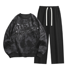跨境春秋冬日系简约休闲套装男士潮牌宽松百搭运动印花长袖两件套