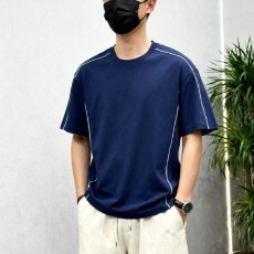 跨境高品质纯棉纯棉罗马丝光双面布潮牌宽松结构款拼接时尚短T恤