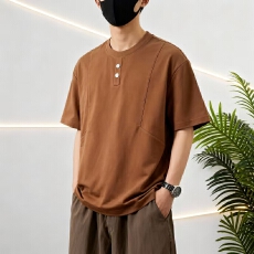 跨境高品质纯色t纯棉短袖罗马丝光双面布潮牌宽松结构款带扣子T恤