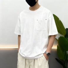 跨境高品质纯色纯棉圆领短袖t罗娜高弹凉感潮牌宽松结构款口袋T恤