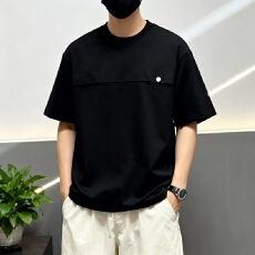 跨境高品质纯色t纯棉短袖罗娜凉感潮牌宽松结构款扣子T恤时尚上衣