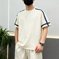 跨境高品质纯色t纯棉短袖罗马丝光双面布潮牌宽松结构款拼接T恤
