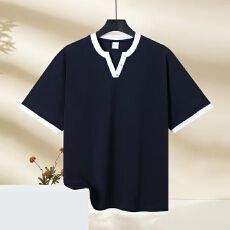 批发跨境高品质纯棉<b class='q'>男士</b>圆领短袖时尚潮流上衣凉感小<b class='q'>V领</b>结构款宽松<b class='q'>T</b><b class='q'>恤</b>