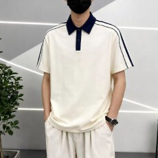 批发跨境高品质男士纯棉短袖t衫罗马丝光双面布潮牌拼接翻领结构T恤