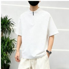 跨境高品质男士纯棉休闲短袖纯色t衫百搭凉感拉链结构款宽松版T恤