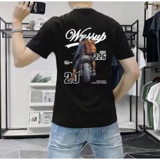 跨境短袖t恤男士潮牌夏季宽松五分袖新款网红潮流ins简约印花上衣