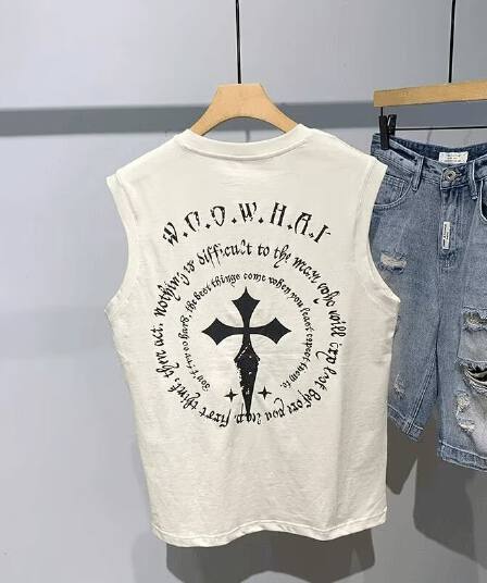 국경 간 조수 브랜드 여름 어깨 아메리칸 복잡한 고대 거리 슛 바람 항구 바람 개성 프린트 티셔츠 트렌디 조끼 남녀 t 맨위