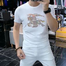 批发新款烫钻短袖修身男士丝光棉欧洲站大码<b class='q'>夏</b>季T恤时尚百搭圆领休闲t
