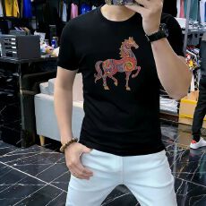 批发新款烫钻短袖修身男士丝光棉欧洲站大码<b class='q'>夏</b>季T恤时尚百搭圆领休闲t