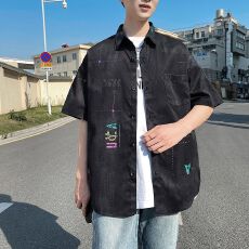批发跨境阔版2026年新款男士翻领大落肩酷丝绵短袖休闲宽松<b class='q'>潮</b>牌衬衫