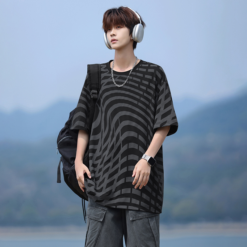 실사 물결무늬 스트라이프 라운드 넥 반팔 남자 여름 2026 새로운 citychill 바람 루즈핏 운동 통기성 티셔츠