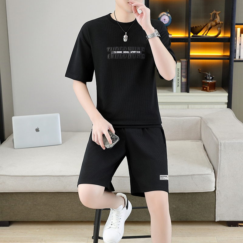 폭발 남자 여름 새로운 얼음 센스 반팔 반바지 투피스 세트 속도 건조한 캐주얼 루즈핏 XL 티셔츠 오부 바지