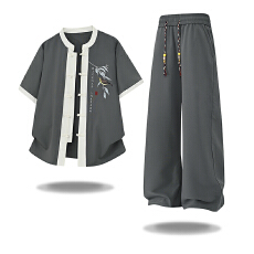 批发夏季新品韩版时尚潮流国风套装港风宽松痞帅高品质百搭男士薄短袖