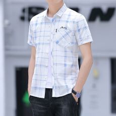 批发夏季新款男士短袖修身衬衣韩版潮流百搭透气男装上衣休闲格子衬衫
