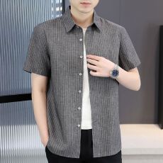 批发夏季亚麻条纹短袖衬衫<b class='q'>商务</b><b class='q'>休闲</b>简约时尚透气舒适衬衣老钱风上衣