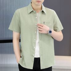 批发夏季男士纯色翻领口袋短袖衬衫棉质薄款<b class='q'>商务</b><b class='q'>休闲</b>衬衣透气轻肤上衣