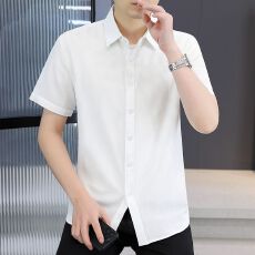 批发男夏季短袖棉衬衫<b class='q'>商务</b>简约<b class='q'>休闲</b>青年纯色翻领衬衣舒适透气百搭<b class='q'>男装</b>
