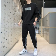 秋冬新款男套装中青年潮流二件套拼接设计港风健身跑步开衫外套