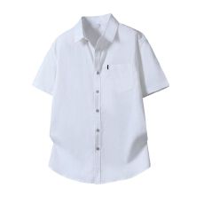 批发舒适透气薄款男士亚麻短袖衬衫纯色男装口袋衬衣凉感简约休闲上衣