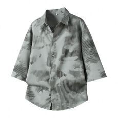 批发潮牌休闲<b class='q'>春</b>夏男士条纹翻领薄款设计感七分袖衬衫休闲潮流百搭衬衣