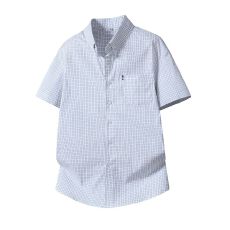 批发夏季新款纽扣领格子口袋短袖衬衫<b class='q'>商务</b><b class='q'>休闲</b>纯色高档男装衬衣上衣