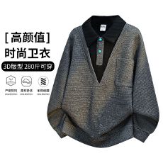 批发跨境潮牌美式假两件衬衫卫衣新款2026<b class='q'>春</b>秋老钱风男士休闲上衣外穿