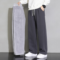 批发秋<b class='q'>冬</b>加绒保暖卫裤男士直筒简约宽松加厚加绒阔腿裤青年休闲裤长裤