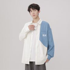 批发港风春秋冬季新款<b class='q'>衬衫</b><b class='q'>男</b>士拼接水洗仿棉落肩长袖上衣<b class='q'>休闲</b>宽松<b class='q'>衬衣</b>