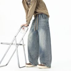 跨境2026春秋冬新款美式复古水洗弯刀牛仔裤立体弧形设计男士长裤