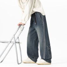 跨境2026春秋冬新款美式水洗侧边条纹弯刀牛仔裤痞帅大码宽松长裤