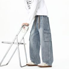 跨境2026春秋冬新款多口袋大码工装牛仔裤男士美式水洗直筒裤长裤