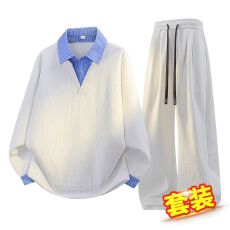 批发跨境2026春<b class='q'>秋</b>冬新款假两件条纹翻领卫衣套装男款学院风polo衫长裤