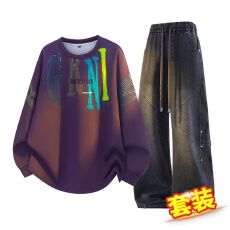 批发跨境2026<b class='q'>秋</b>冬新款大码男装涂鸦街头风卫衣两件套装宽松直筒牛仔裤