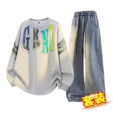批发跨境2026<b class='q'>秋</b>冬新款美式休闲运动男款宽松大码卫衣牛仔裤痞帅两件套