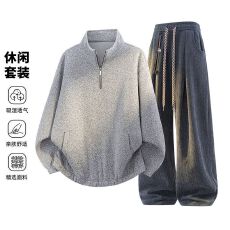 批发跨境2026秋冬新款大码男装半拉链立领卫衣男宽松百搭慵懒风两件套